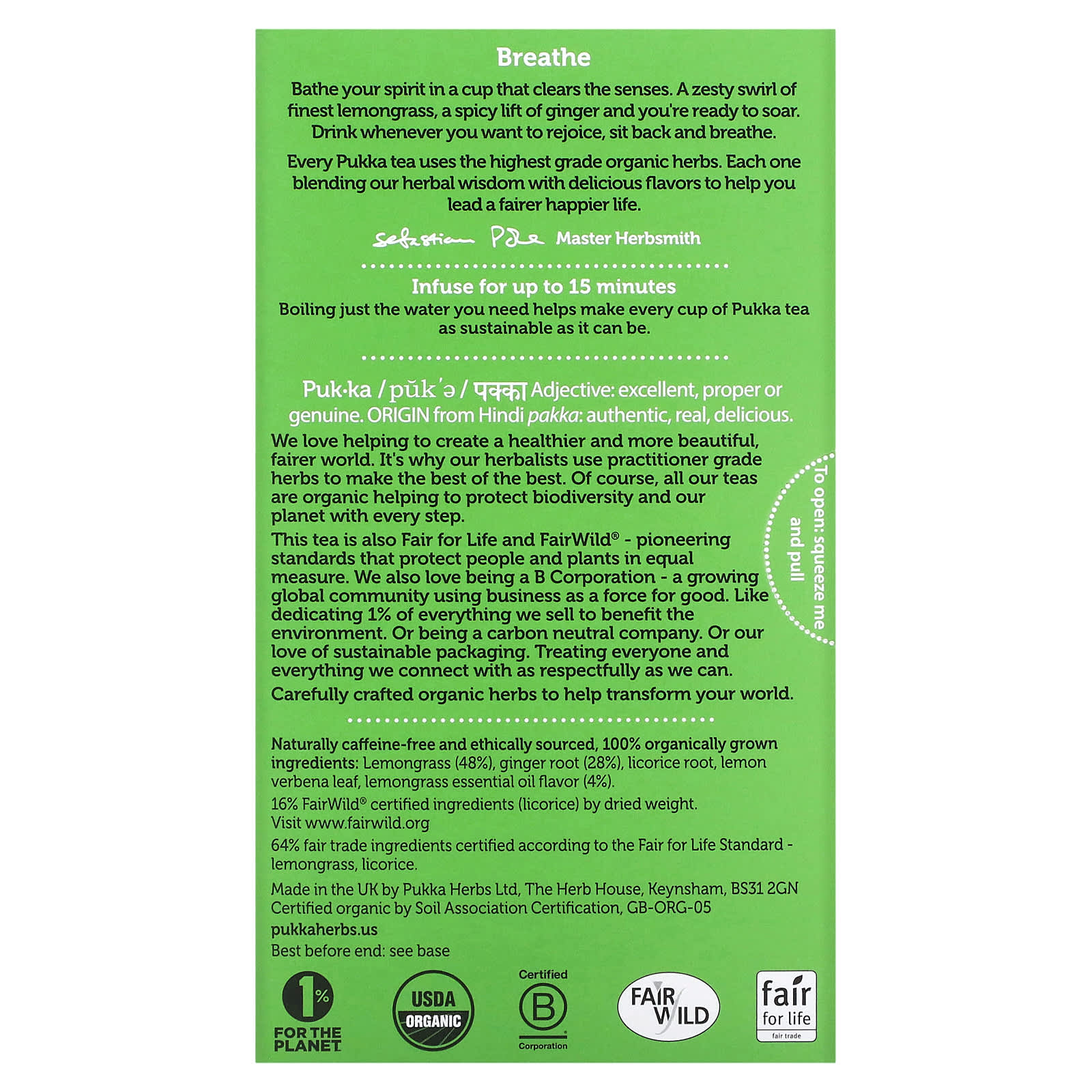 Pukka Herbs, 유기농 허브 티, 레몬그라스 및 생강, 카페인 무함유, 티백 20개입, 1.8g(0.06oz)