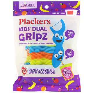 Plackers, Kid's Dual Gripz, детские зубочистки с нитью, с фтором, фруктовый смузи, 75 шт.