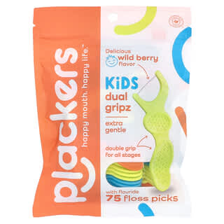 Plackers‏, Kid's Dual Gripz, עדין במיוחד עם פלואוריד, פירות יער, 75 יחידות חוט דנטלי