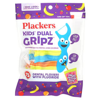 Plackers‏, Kid's Dual Gripz, חוט דנטלי עם ידית בתוספת פלואוריד, שייק פירות, 75 יחידות