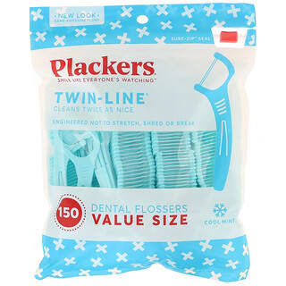 Plackers, Twin-Line, зубочистки с нитью, экономичная упаковка, морозная мята, 150 шт.