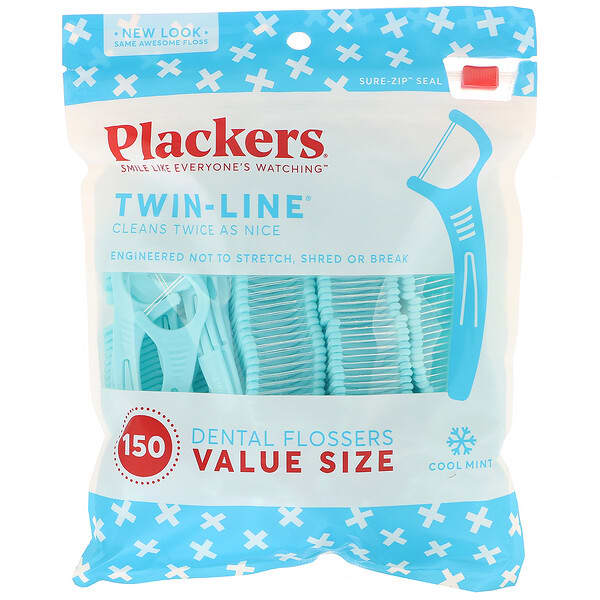 Plackers‏, Twin-Line, חוט דנטלי עם ידית, אריזת חיסכון, מנטה מרעננת, 150 יחידות