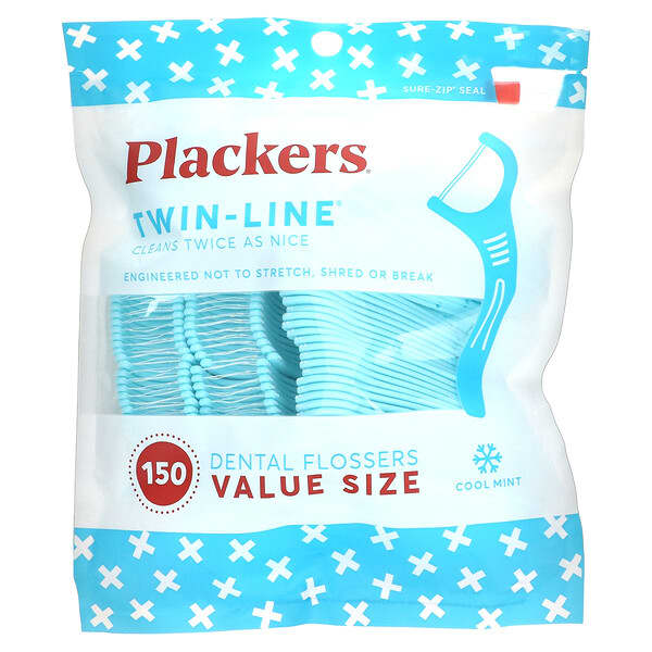 Plackers, Twin-Line（ツインライン）、デンタルフロス、お徳用サイズ、クールミント、150本