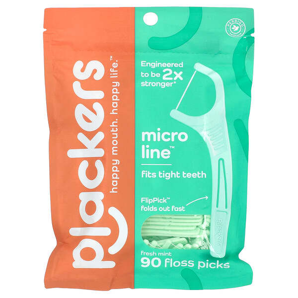 Plackers, Linea Micro, plettri interdentali, menta fresca, 90 pezzi