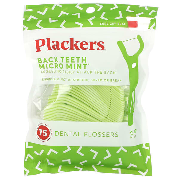 Plackers, Micro Mint para los dientes de atrás, flossers dentales, menta, 75 unidades