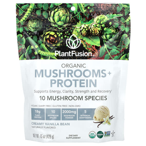 PlantFusion Organic Mushrooms + Protein, Creamy Vanilla Bean, 15 oz (428 g)