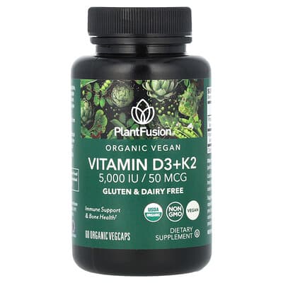 PlantFusion, Organic Vegan Vitamin D3+ K2, 5000 IU/50 mcg, 60 Organic Vegan Capsules