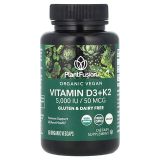 PlantFusion, Vitamines D3+ K2 vegan biologique, 5000 UI/50 µg, 60 VegCaps biologiques