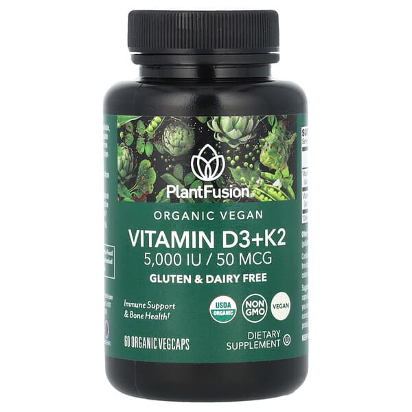PlantFusion Organic Vegan Vitamin D3+ K2, 5000 IU/50 mcg, 60 Organic VegCaps