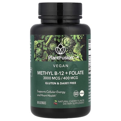PlantFusion, Vegan Methyl B-12 + Folic Acid, Natural Cherry Flavor, 60 Tablets