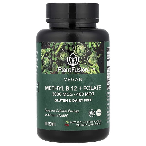 PlantFusion Vegan Methyl B-12 + Folate, Natural Cherry, 60 Lozenges