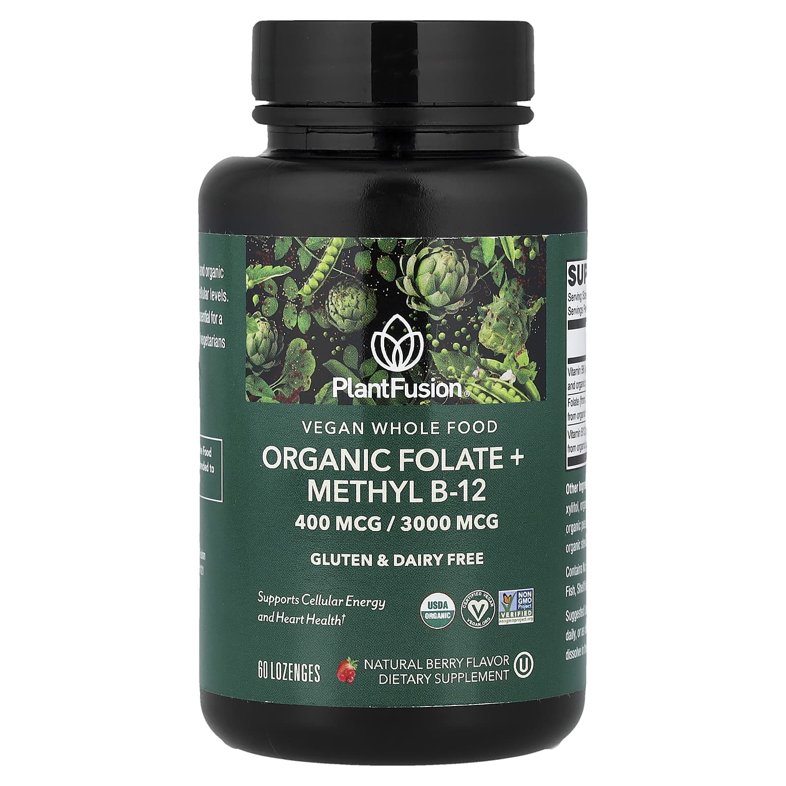 PlantFusion, веганские цельные продукты, органические фолаты и метил B12, со вкусом ягод, 60 пастилок