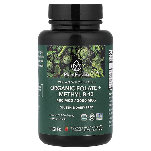 PlantFusion, 全素全食，有機葉酸 + 甲基 B12，天然漿果味，60 含片
