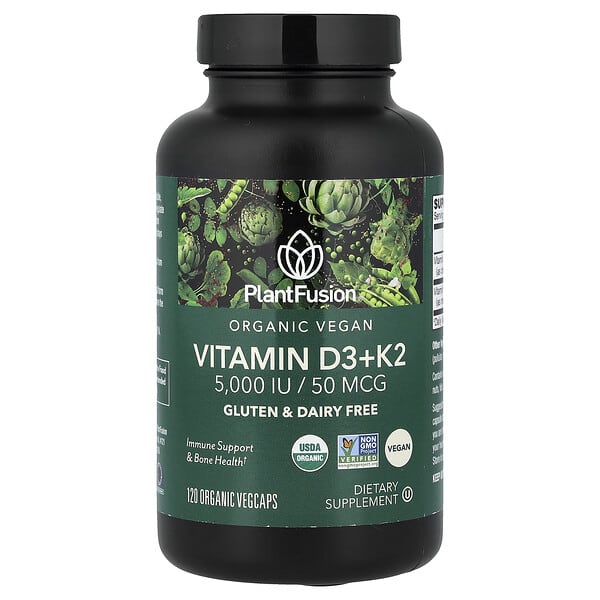 PlantFusion, Organic Vegan, Vitamin D3 + K2, 120 Organic VegCaps