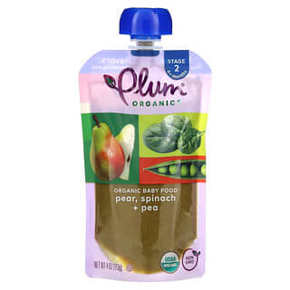 Plum Organics, Organic Baby Food, Bio-Babynahrung, ab 6 Monaten, Birne, Spinat + Erbse, 113 g (4 oz.)