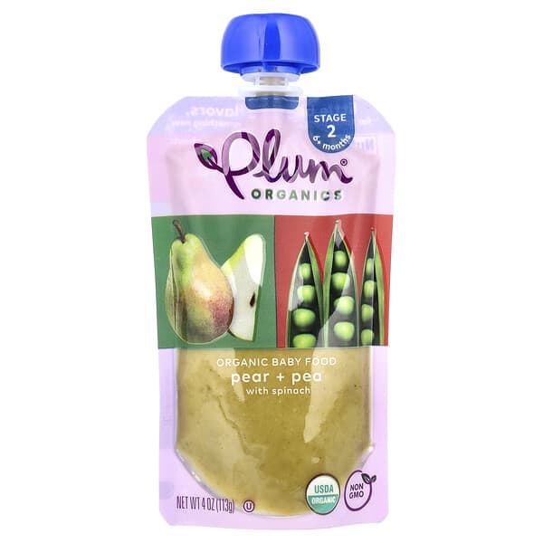 Plum Organics, 유기농 이유식, 생후 6개월 이상, 배 + 완두콩, 시금치 함유, 113g(4oz)