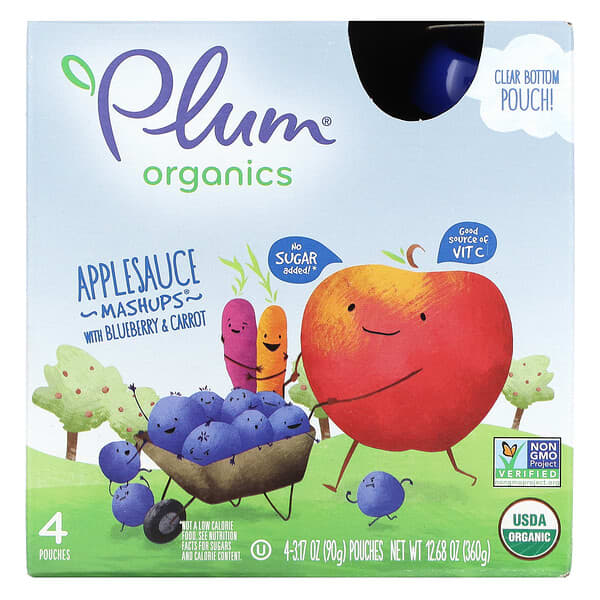 Plum Organics, Applesauce Mashups with Blueberry & Carrot, 4 Pouches, 3.17 oz (90 g) Each