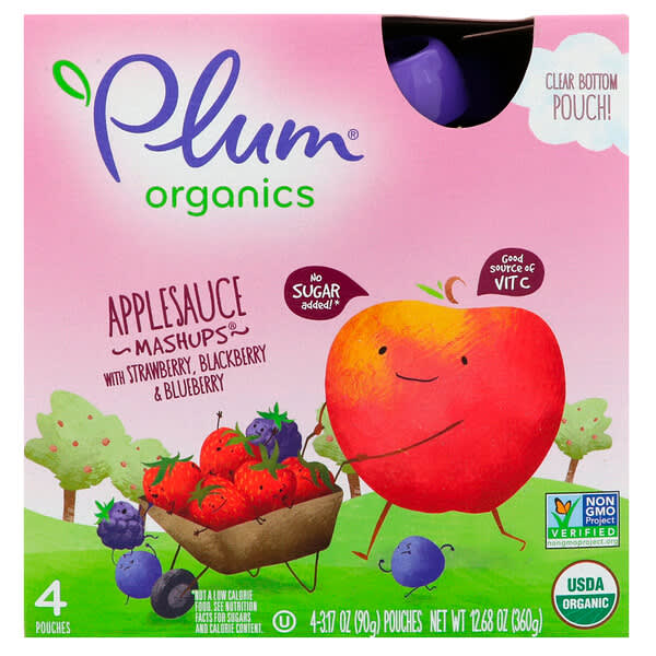 Plum Organics, Organic Applesauce Mashups with Strawberry, Blackberry & Blueberry , 4 Pouches, 3.17 oz (90 g) Each