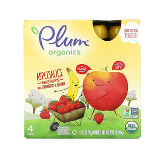 Plum Organics, ストロベリー＆バナナ入りのオーガニックアップルソースマッシュアップ、  4包、各3.17オンス（90g）