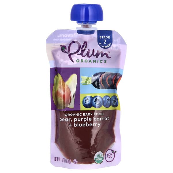 Plum Organics, 유기농 아기 식품, 2단계, 배, 자색 당근 & 블루베리, 113g(4oz)