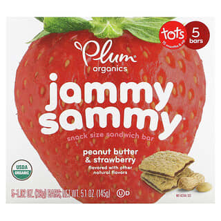 Plum Organics, Jammy Sammy, Barre-sandwich, Petit-déjeuner, À partir de 15 mois, Beurre de cacahuète et fraise, 5 barres, 29 g chacune