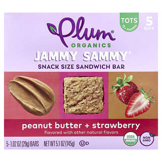 Plum Organics, Jammy Sammy, sendvič pločica veličine grickalice, 15 mjeseci i više, maslac od kikirikija i jagoda, 5 pločica, 29 g svaka