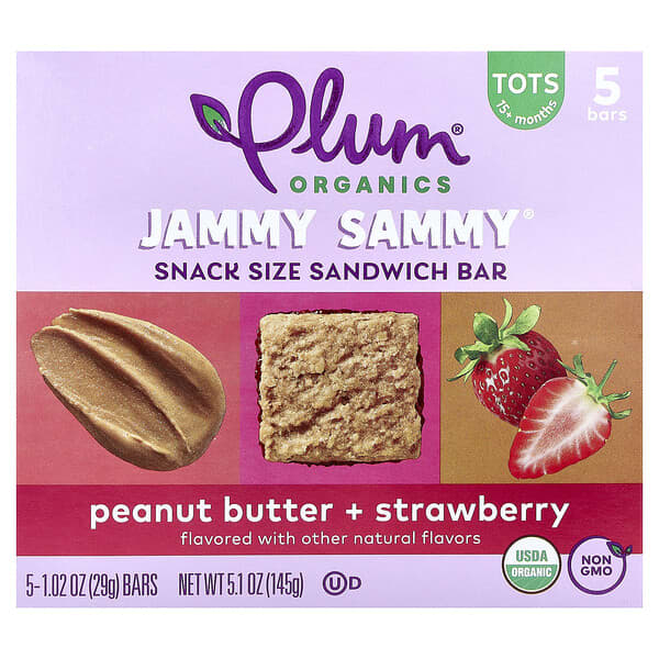 Plum Organics, Jammy Sammy®, 스낵 사이즈 샌드위치 바, 15개월 이상, 땅콩 버터 + 딸기, 바 5개, 각 29g(1.02oz)