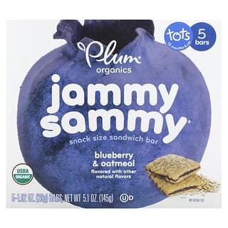 بلام أورغانيكس‏, Jammy Sammy ، لوح ساندويتش بحجم الوجبة الخفيفة ، 15 شهرًا فأكثر ، التوت الأزرق ودقيق الشوفان ، 5 ألواح ، 1.02 أونصة (29 جم) لكل لوح