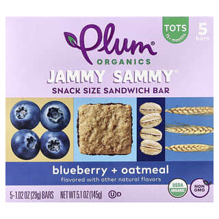 Plum Organics, Jammy Sammy, Snack Size Sandwich Bar, 15 Months & Up, Blueberry & Oatmeal, 5 Bars, 1.02 oz (29 g) Each