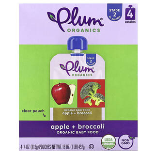 Plum Organics, Organic Baby Food, 6+ Months, Apple + Broccoli, 4 Pouches, 4 oz (113 g) Each