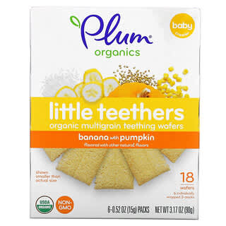 Plum Organics, Little Teethers, органические мультизерновые вафли для прорезывания зубов, банан и тыква, 6 пакетиков, по 15 г (0,52 унции)