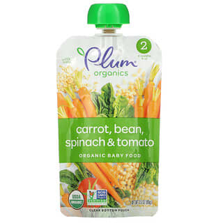 Plum Organics, органическое детское питание, этап 2, морковь, фасоль, шпинат, томат и овсянка, 99 г (3,5 унции)