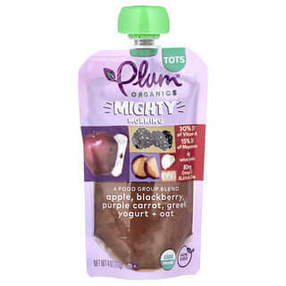 Plum Organics, Mighty 4, Mélange de 4 groupes d'aliments, Tots, Pomme, Mûre, Carotte violette, Yaourt grec, Avoine, 113 g