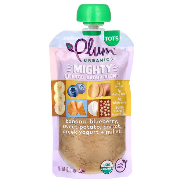 Plum Organics, Mighty 4，4 組食物混合配方，幼兒專用，含香蕉、藍莓、甘薯、胡蘿蔔、希臘優酪乳、小米，4 盎司（113 克）