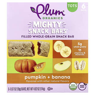 Plum Organics, Mighty Snack Bars, Tots, Dýňový banán, 6 tyčinek, 19 g/kus