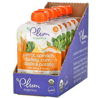 Plum Organics, オーガニックベビーフード、ステージ3、人参、ほうれん草、ターキー、トウモロコシ、リンゴ＆ポテト、6個入り、各113g