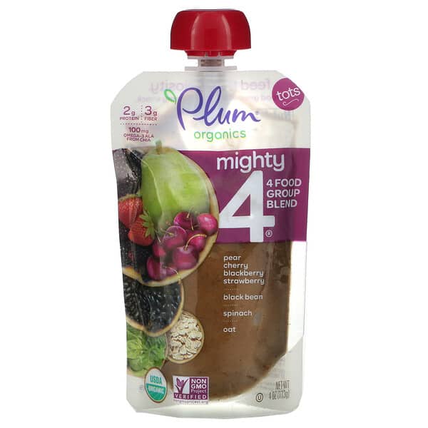 Plum Organics, トッツ、Mighty 4（マイティーフォー）、4つの食品群ブレンド、洋ナシ、チェリー、ブラックベリー、イチゴ、黒豆、ホウレンソウ、オート麦、113g（4オンス）