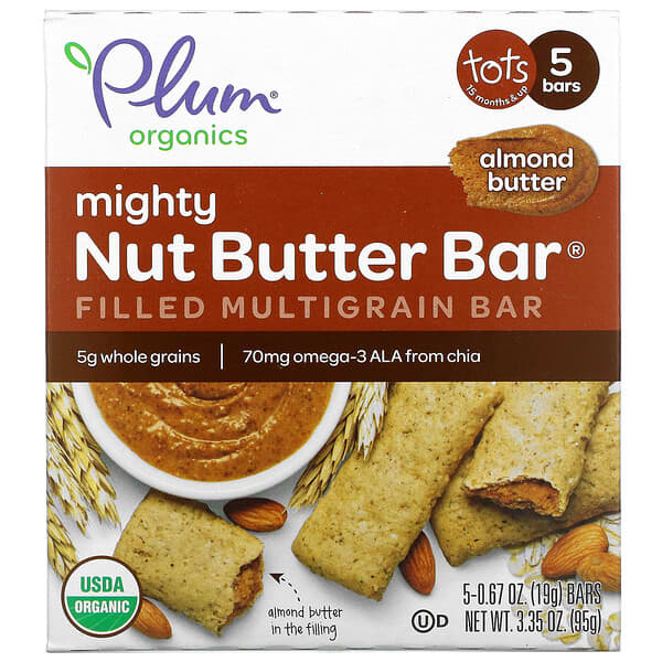 Plum Organics, Mighty Nut Butter Bar, Tots 15 Months &amp; Up, Almond Butter, 5 Bars, 0.67 oz (19 g) Each
