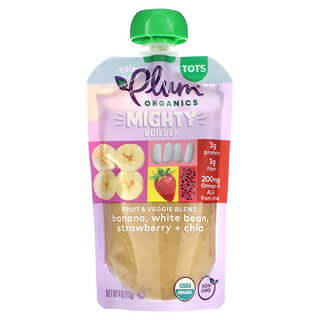 Plum Organics, Mighty 蛋白质和纤维、香蕉、白豆、草莓、奇亚，适合幼儿，4 盎司（113 克）