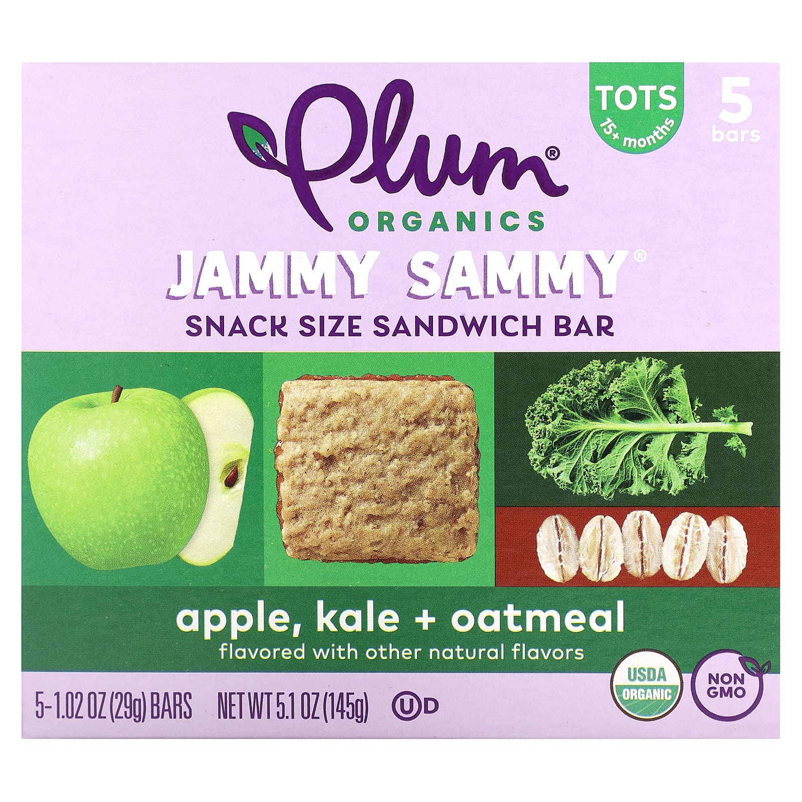 Plum Organics, Jammy Sammy, сэндвич-батончик для детей от 15 месяцев, яблоко, капуста и овсянка, 5 батончиков, 29 г (1,02 унции)