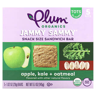 Plum Organics, Jammy Sammy, Barrita tipo bocadillo, A partir de 15 meses, Manzana, col rizada y avena`` 5 barritas, 29 g (1,02 oz) cada una