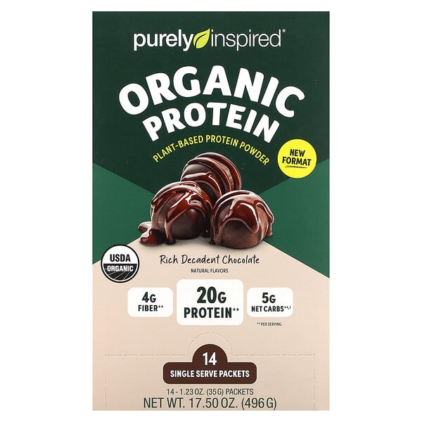 Purely Inspired, 有機植物蛋白質粉，濃鬱頹廢巧克力味，14 個獨立包裝，每包 1.23 盎司（35 克）