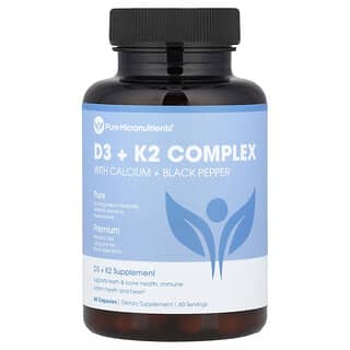 Pure Micronutrients, Complejo de vitaminas D3 y K2 con calcio y pimienta negra, 60 cápsulas
