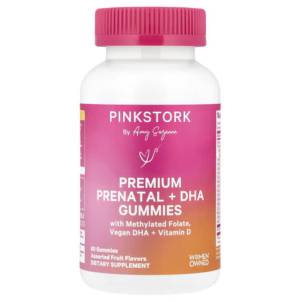 Pink Stork Premium Prenatal + DHA Gummies, Assorted Fruit, 60 Gummies
