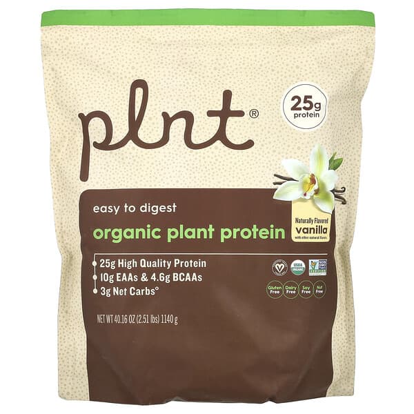 Plnt Organic Plant Protein, Vanilla, 2.51 lbs (1,140 g)