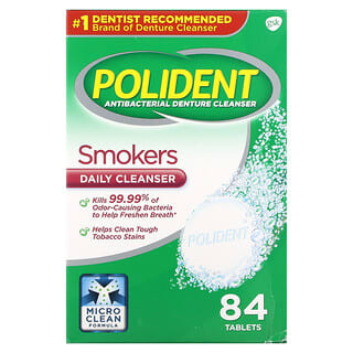 Polident, Nettoyant antibactérien pour prothèses dentaires, Nettoyant quotidien pour fumeurs, 84 comprimés