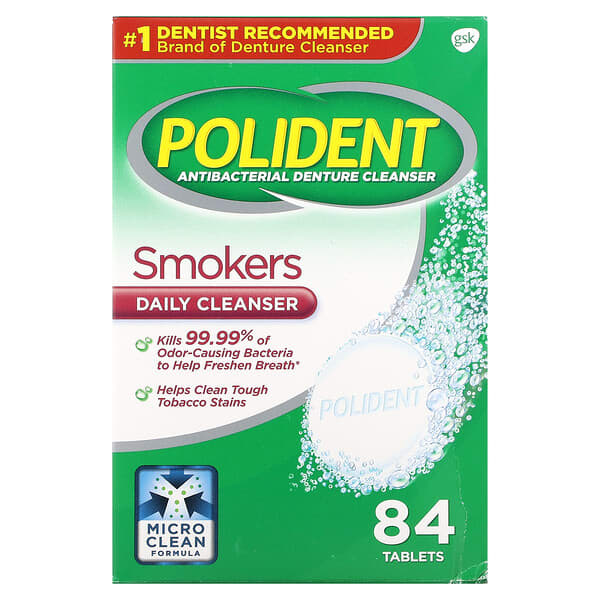 Polident, Antibacterial Denture Cleanser, Smokers Daily Cleanser, 84 Tablets