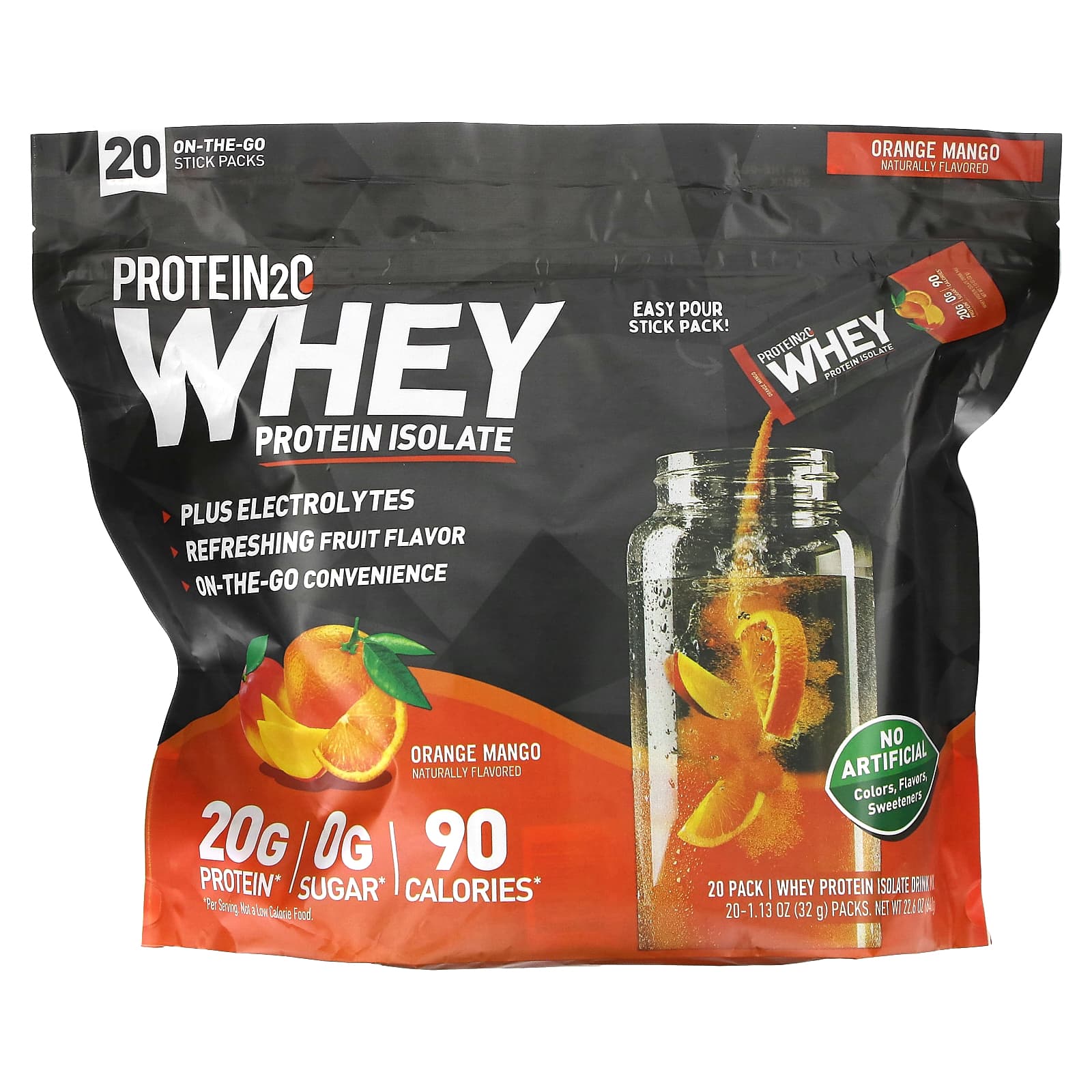 Protein2O, Whey Protein Isolate, Orange Mango, 20 On-The-Go Stick Packs ...