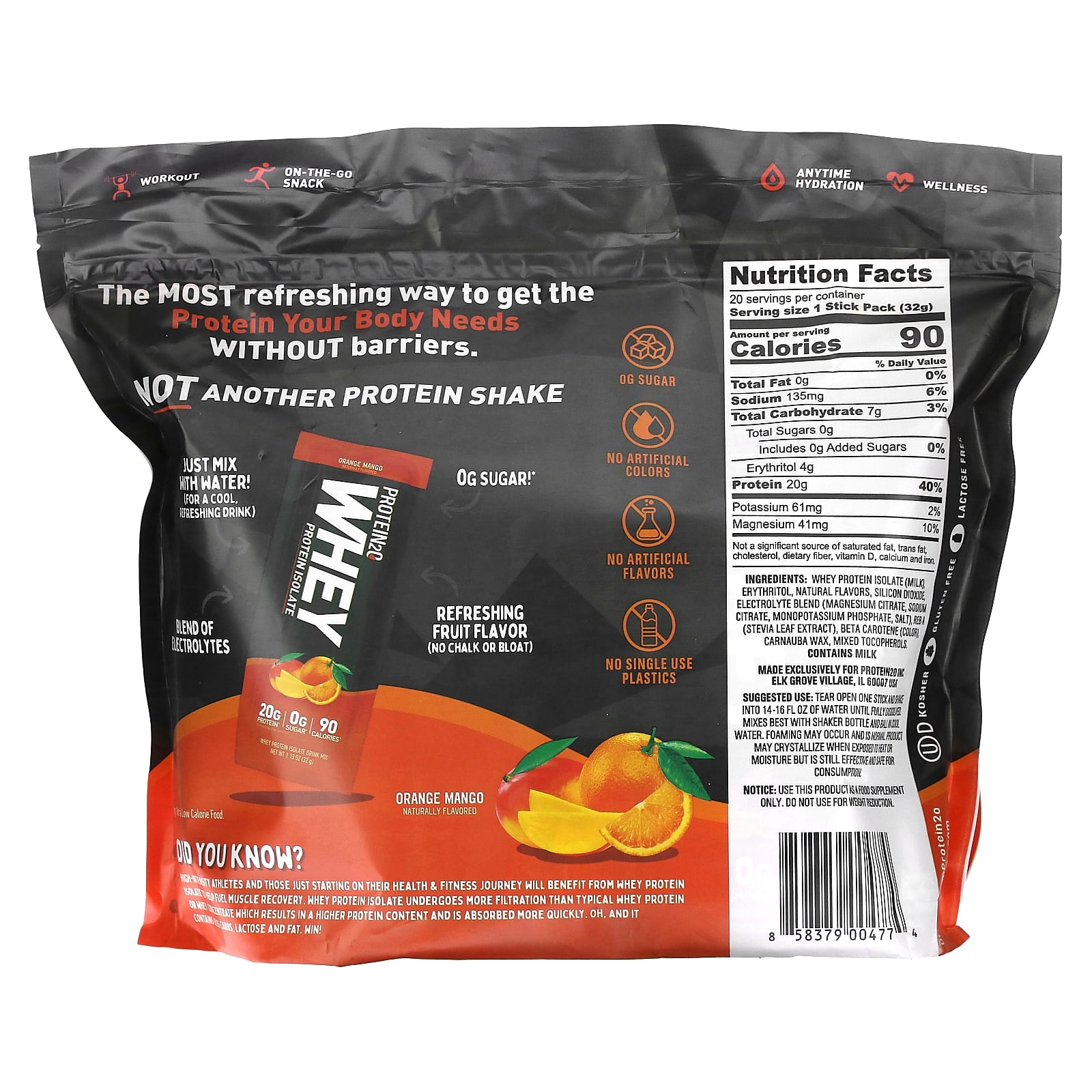 Protein2O, Whey Protein Isolate, Orange Mango, 20 OnTheGo Stick Packs, 1.13 oz (32 g) Each