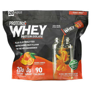 Protein2O, Isolat de protéines de lactosérum, orange et mangue, 20 sachets de sticks à emporter, 32 g chacun